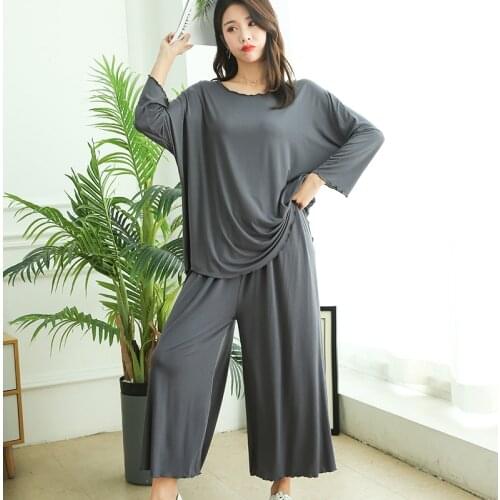 Oversized Loose Autumn Homewear Suit Women Modal Cotton Pajamas Gray Blue Ladies Sleepwear Ruffles O-neck Womens Home Clothes