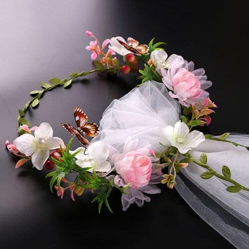 Rattan Princess Bride Flower Crown Pearl Floral Butterfly Veil Head Wreath Sweet Garland for Wedding Headpiece Beach Photography