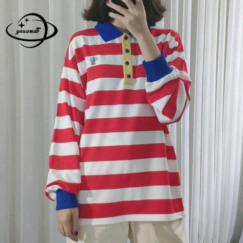 S-M Womens Polo Shirts Spring Autumn Female Tops Tees Long Sleeve Striped Contrast Color Cotton Loose Soft Ladies Clothes Hy61