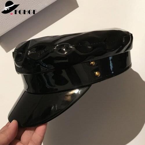 Women PU Leather Hat Rivets Army Flat Navy Hat Winter Black Hat Attack Newsboy Caps Street wear Club Visor Military Cap