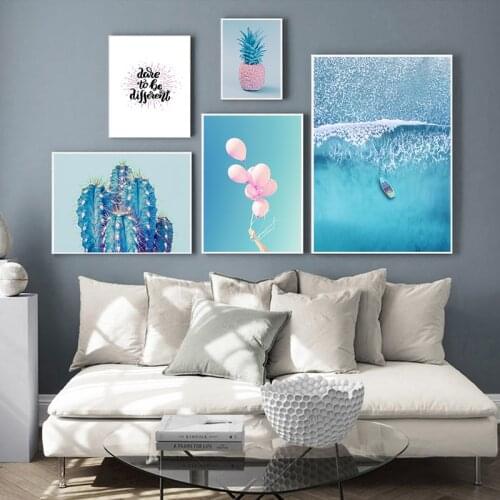 Blue Theme Ocean Pineapple Cactus Balloon Landscape Picture Poster Nordic Style Print Wall Art Canvas Painting Home Decor