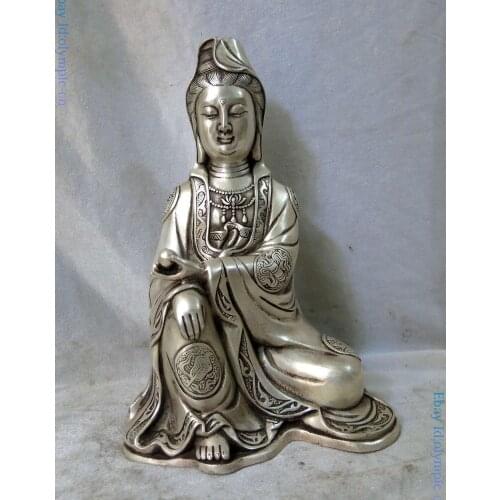 Fine Silver sculpture China buddhism eight treasures Kwan-yin Buddha Statue