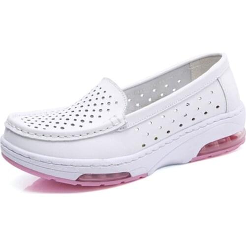 Summer Genuine Leather Womens Shoes Nurse Swing Work all Single Shoes star Wedges Womens Shoes Black white Platform