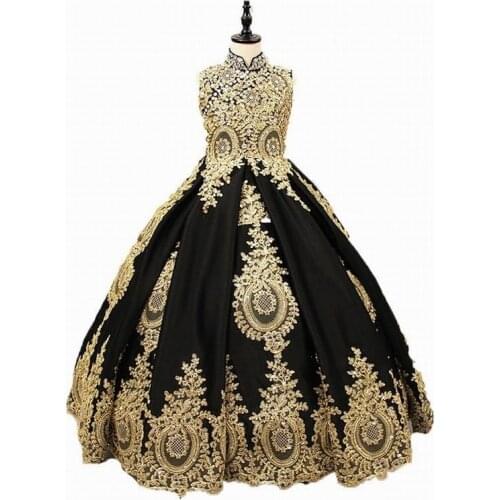 Kids Golden Lace and Black Tulle Girls Flower Girl Dresses for Wedding Party Dress Princess Gown High Neck First Communion