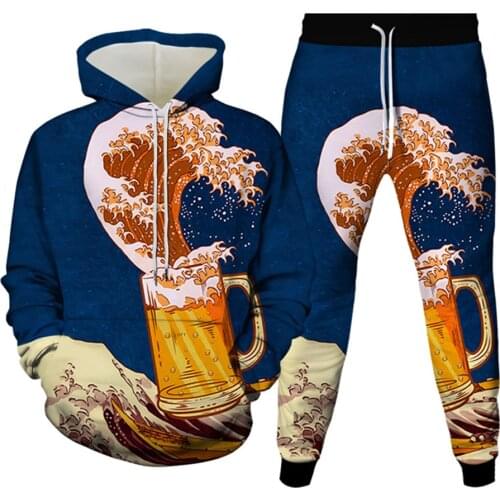 Japanese Beer Wave Animal Dog Funny Print Men Fashion 2Pc Clothes Women Spring Autumn Hoodies+Trousers Tracksuit Plus Size S-6XL
