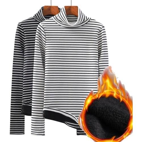 White and black striped shirt women tee long sleeve turtle neck mom womens warm fleece winter fall turtleneck full sleeve shirts