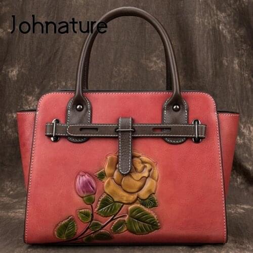 Johnature Retro Genuine Leather Women Bag 2021 New Handmade Embossing Large Capacity Handbag High Quality Nature Cowhide Bags