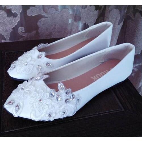 Plus size 41 42 43 flat heel laces wedding shoes woman white lace silver big crystal rhinestones luxury brides wedding shoes