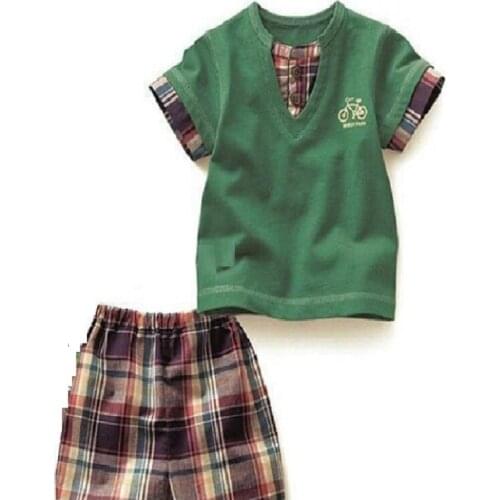2017 Casual Children Clothing Plaid Summer Beachwear Green Cotton T-Shirt Grid Pant Shorts Baby Boy Clothes Boys Clothes Set