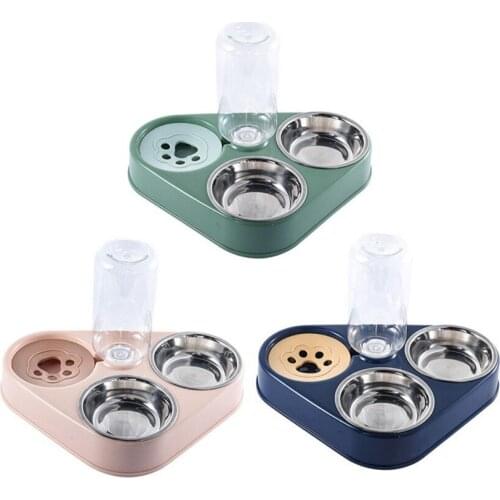 3 in 1 Pet Feeder Double Bowl Drinking Fountain Auto Water Food Container Anti Tipping Non Wetting Mouth Pet Feeder Dispenser