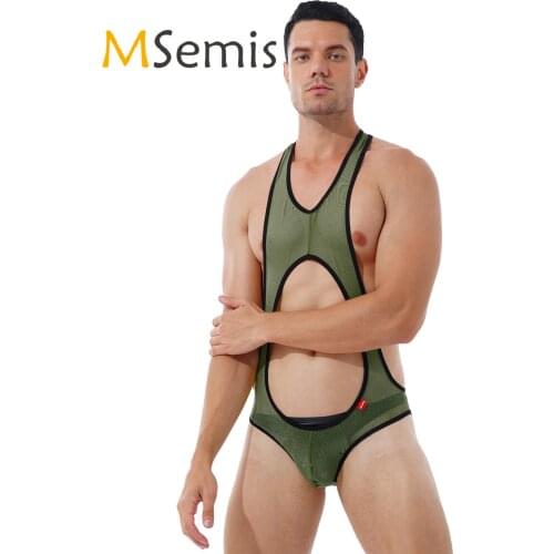 Mens Hollow Out Sleeveless Bodysuit See-through Mesh Fitness Wrestling Singlet Bulge Pouch Open Butt Underwear Skinny Jumpsuit