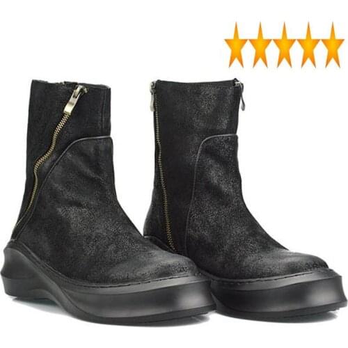 Leather Top Genuine Brand Cow Fashion Thick Platform Mens Boots Harajuku Zipper Round Toe Man Footwear Vintage Rock Shoes