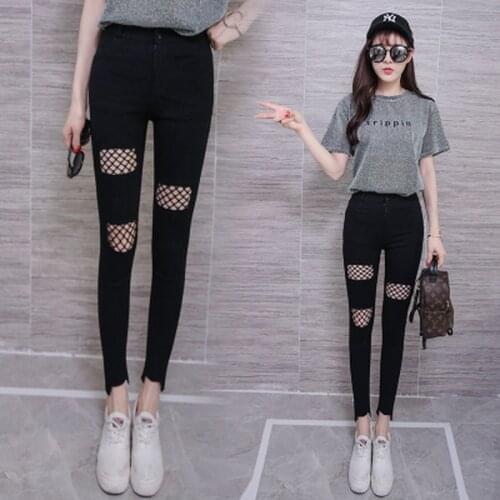Pants Women Hole Slim Ankle-Length Pant Outwear Thin Womens Korean Style Trousers Elegant High Daily Female Capris Harajuku Chic