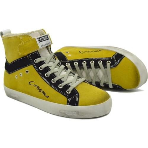 CANGMA Italian Designer Brand Sneakers Men Cow Suede Casual Shoes High Top Sneakers Male Yellow Vulcanized Shoe 2021