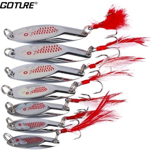Goture Fishing Trout Spoon Metal Lure Bass Fishing Spinner Bait 7g 10g Stainless Mustad Hooks With Feather Artificial Bait
