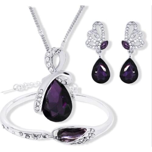 Fine Set 925 Sterling Silver Cubic Zirconia Drops Purple Fashion Jewelry Necklace Pendant Earrings Bracelet Set