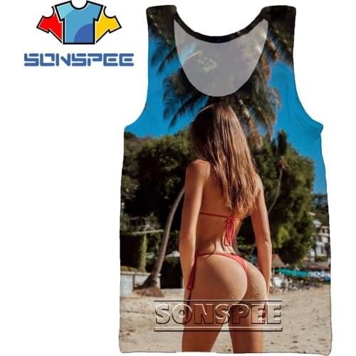 SONSPEE 3D Bikini Print Tank Top Beach Swimsuit Top Hip Nude Back Model Outdoor Sports Leisure Sleeveless T-shirt Mens Clothing