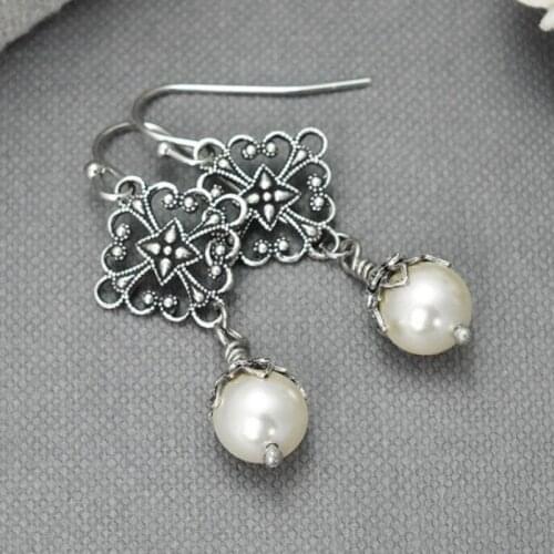 Fashon Women Jewelry Imitation Pearl Anqutie Silver Color Dangle Long Earrings Bridal Wedding Engagement Set Gifts
