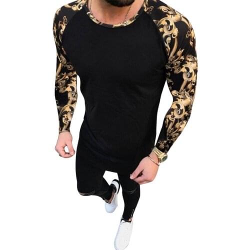 T-Shirts Men Floral Patchwork Long Sleeve Round Neck T-Shirt Men Slim Casual Summer Top