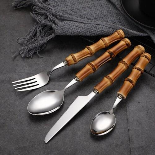 New Creative Bamboo Handle Tableware Set Stainless Steel Steak Flatware Cutlery Set Includes Spoon Forks Knives
