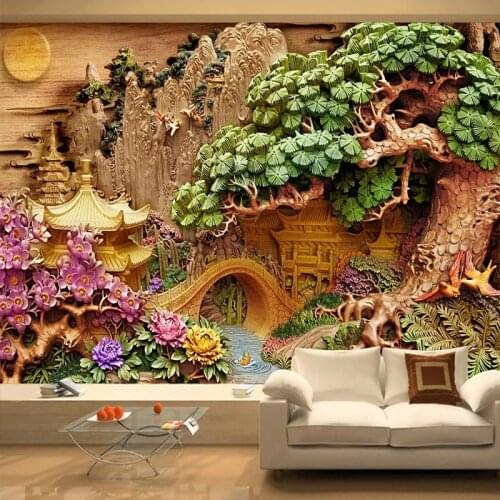 Custom Mountain Water Landscape 3D Wood Carving Art Decoration Wall Painting Study Living Room TV Background Mural Wallpaper