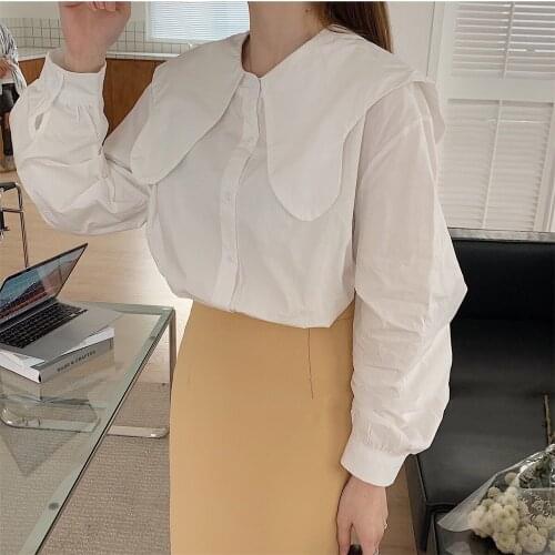 2021 Hot White Unicolor Shirts Loose Femme Chic Gentle Office Lady Streetwear OL Autumn New Casual Blouses Tops