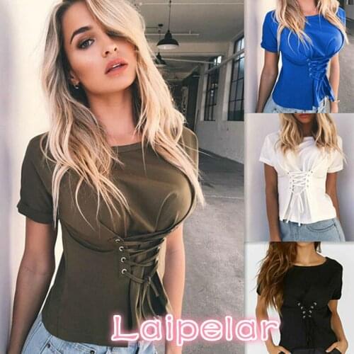 Sexy Women Loose Casual Short Sleeve Lace Up T Shirt Tops Clothes New Fashion Women Ladies Clothing Summer Laipelar