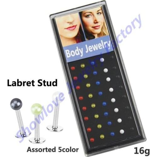 Showlove 40pcs/lot Acrylic Ball Labret Lip Ring Piercing Mix color with Steel Shaft