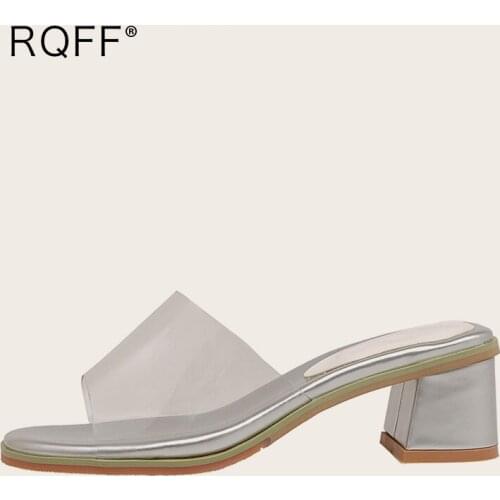 Outside Slippers Women 2021 Summer New Fashion Solid Transparent Pc 5cm Block Heels Slides Handmade Plus Size 45 Sandals Shoes