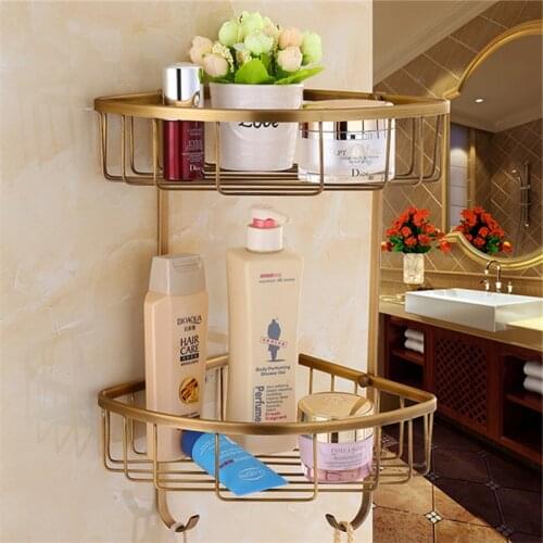 Bathroom Shelf Antique Brass Bath Shower Rack Shower Shelf Bath Holder Bolt Inserting Type 2 Tiers Corner Shelf bath hardware