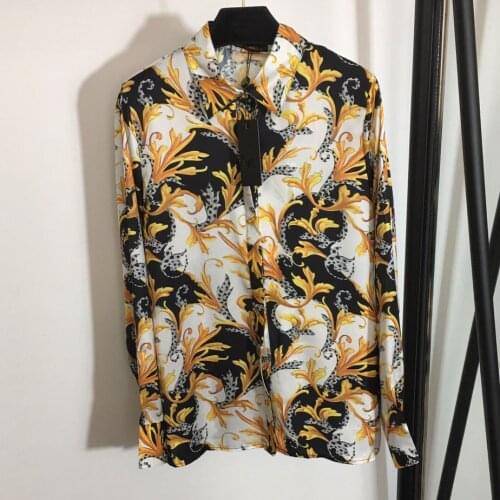 Top Quality Gold Printed Women Shirt Turn-down collar Long sleeve Fashion Blouses