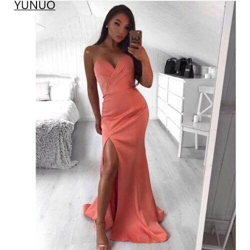 YUNUO Pleated Sweetheart Prom Dresses Coral Satin Formal Pageant Gowns Robe De Soiree With Train Party Evening Dress Slit