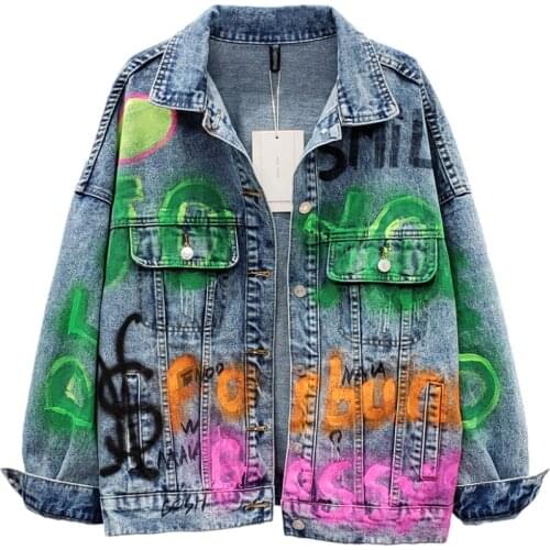 Color Contrast Graffiti Jeans Jacket Women Outerwear Fashion Turn-Down Collar Letter Oversize Denim Coat Female Streetwear G989