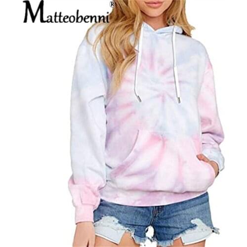 Hooded Tie-Dye Print Autumn Winter Womens Hoodies Long Sleeve Drawstring Pockets Female Sweatshirts 2021 New Streetwear Sudadera