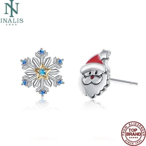 INALIS Santa Claus Snowflake Stud Earrings For Women Creativity Design Blue Zircon Earring Fit Festival Fashion Jewelry Gift