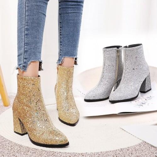 2019 New Ladies Ankle Boots Sequined Fashion Zipper Thick High Heels pointed toe Winter Boots Gold silver green Women Chelsea