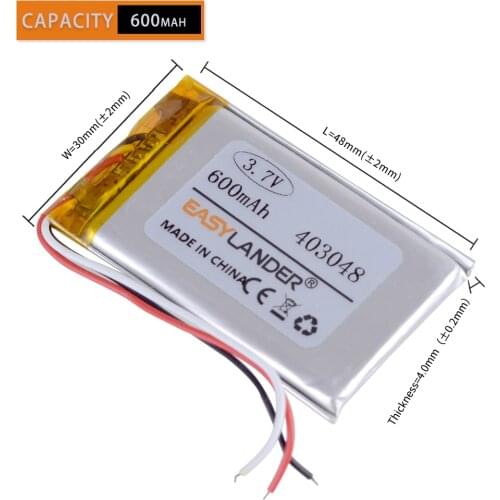 403048 3.7V 600mAh Rechargeable li Polymer Li-ion Battery For mp4 mp5 phone speaker recorder DVR GPS small toys 043048 3-wire