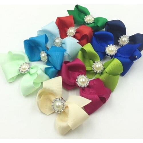 50pcs/lot 8cm 30colors Handmade Grosgrain Bows+Pearl Buttons Ribbon Boutique Hair Bows For Kids Girls Hair Accessories Hair Clip