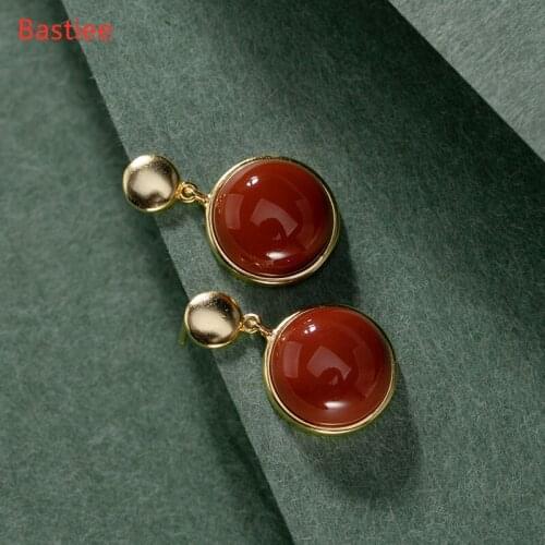 Bastiee 925 Sterling Silver Earrings Earings Fashion Jewelry Red Agate Golden Plated Korean Earrings Dangle Earrings