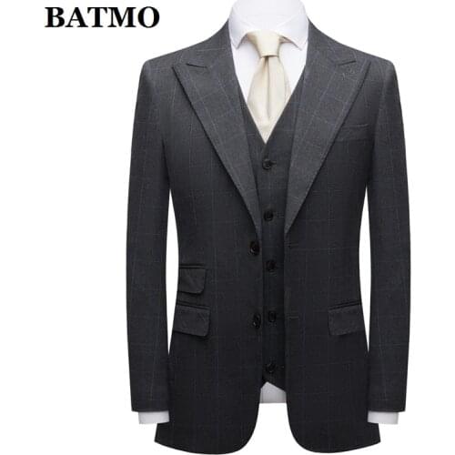 BATMO 2021 new arrival high quality plaid casual grey suits men,male wedding dress,plus-size 3668