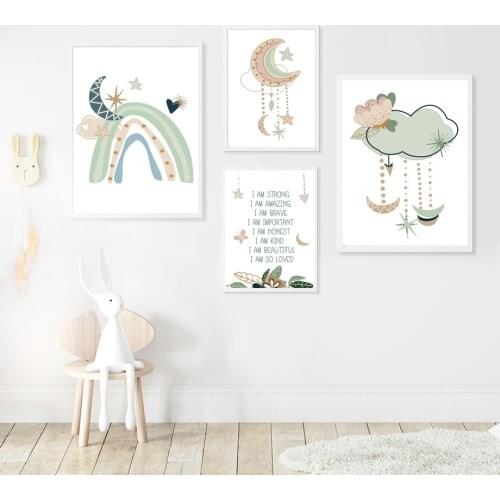 Boho Rainbow Moon Cloud Inspirational Wall Art Canvas Painting Nordic Posters And Prints Wall Pictures Kids Cute Baby Room Decor