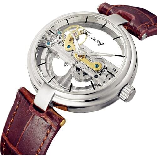 FORSINING Men Cool Unique Design Hollow Out Automatic Skeleton Watch Leather Transparan Mechanical Wrist Watch Relogio Masculino