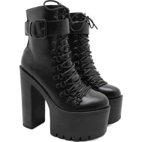 Classic Black Punk Ankle Platform Motorcycle Thick heel Boots Women Lace up Chunky Heel Belt Buckle Pocket Designer Shoes Women