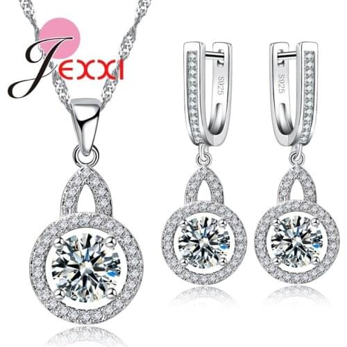 Round Shape Jewelry Set Silver And Shining Crystal Necklace Chain Pendent Earrings Set For Women Best Gift For Birthday