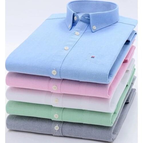 Cotton Oxford Shirt Mens Long Sleeve Fashion Casual Single Patch Pocket Dress Shirt Men Standard-Fit Button-Down Collar Shirts