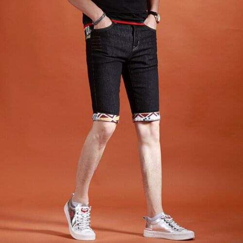 Mens Embroidery Spliced Denim Shorts 2021 Summer Fashion Slim Fit Short Jeans Black Knee Length Pants