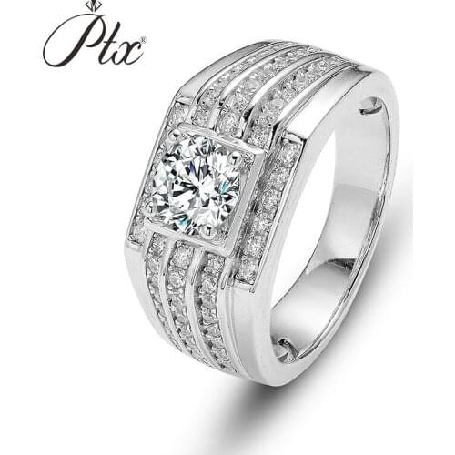 925 Sterling Silver Men Ring Three Rows Apart Small Diamonds Prong Setting Center Gemstone Round Shape Moissanite Jewelry Carved