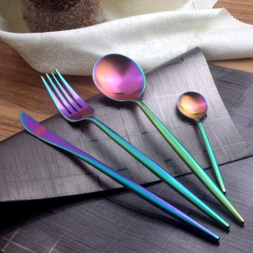 304 Stainless Steel Color Knife and Fork 24-Piece Set Spoon Rainbow-Colored Long Thickened Western-Style round Spoon cutlery set