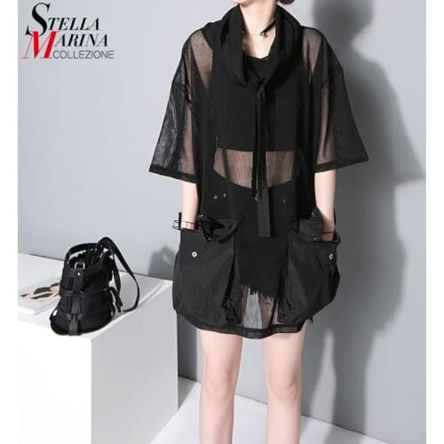 New Japanese Style Woman Summer Black Mesh Transparent Tee Top Half Pocket Oversize Casual Organza T Shirt Harajuku T-shirt 1549