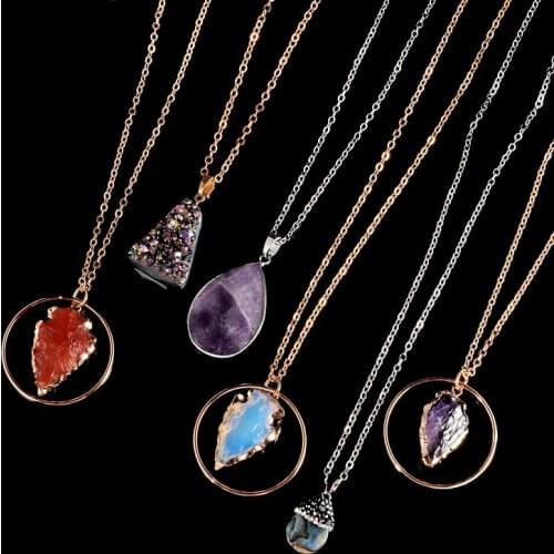 New Natural Stone Quartz Pendant Necklace Colorful Irregular Drusy Gold Color Stone Necklaces for Women Jewelry Gift